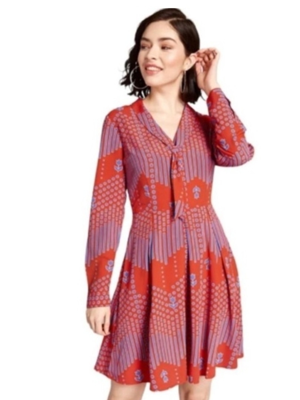 Modcloth Original Line Fit And Flare Tie Neck Dress In Vibrant Red And Blue